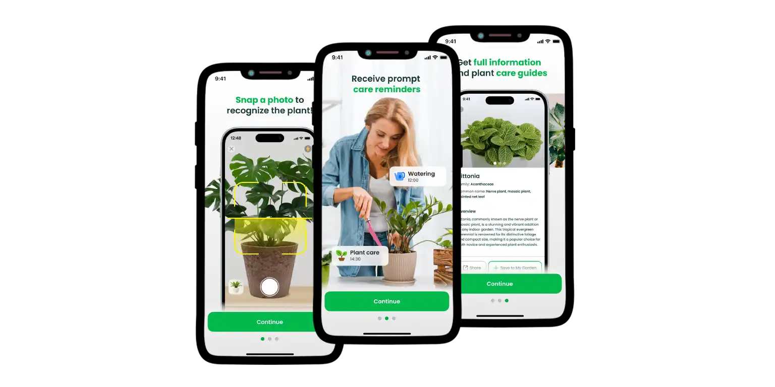 A screenshot of the AI Plant Finder app presenting its main functions for recognizing and learning about plants.